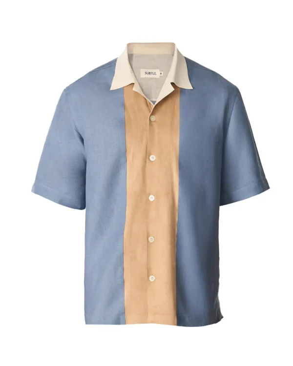 Slate Blue Linen Shirt with Suede Panel