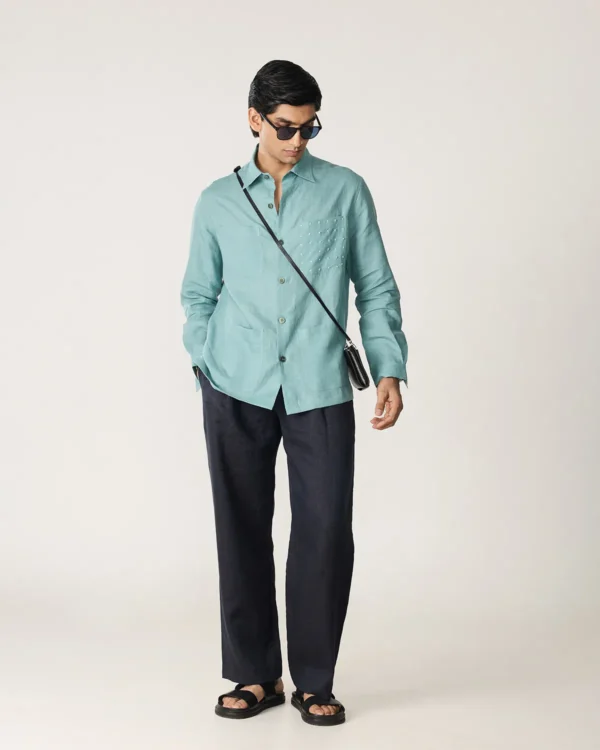 Mint Teal Linen Shirt with French Knot