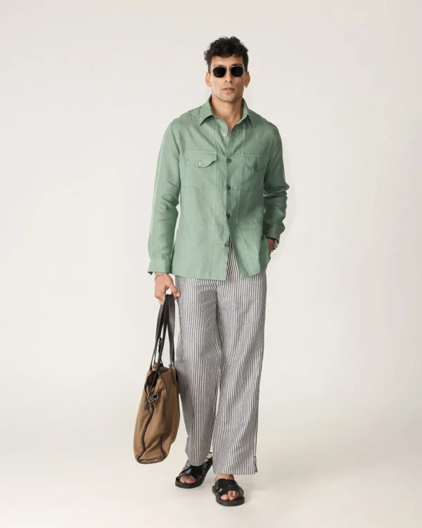 Olive Linen Shirt with Pintucked Checks