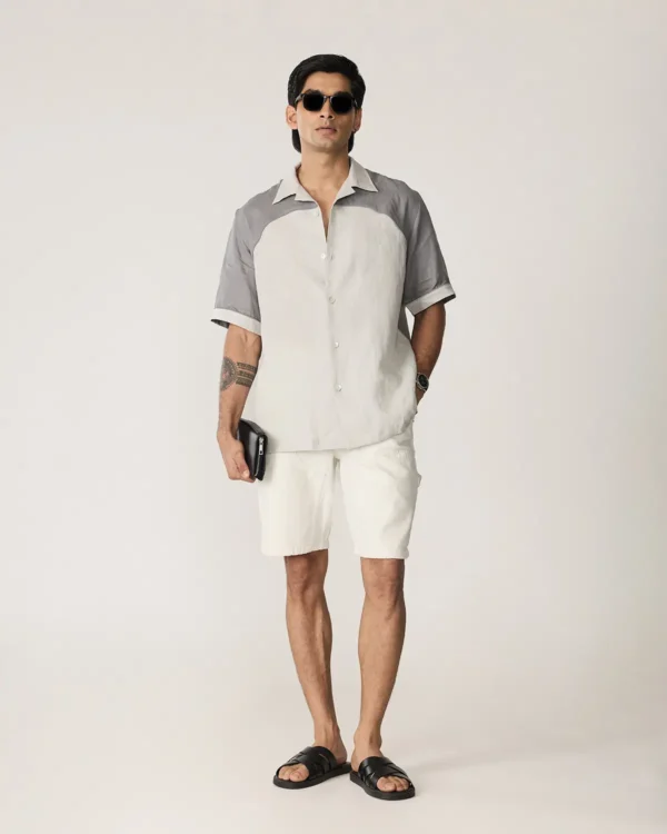 Grey Linen Reflective Bowling Shirt